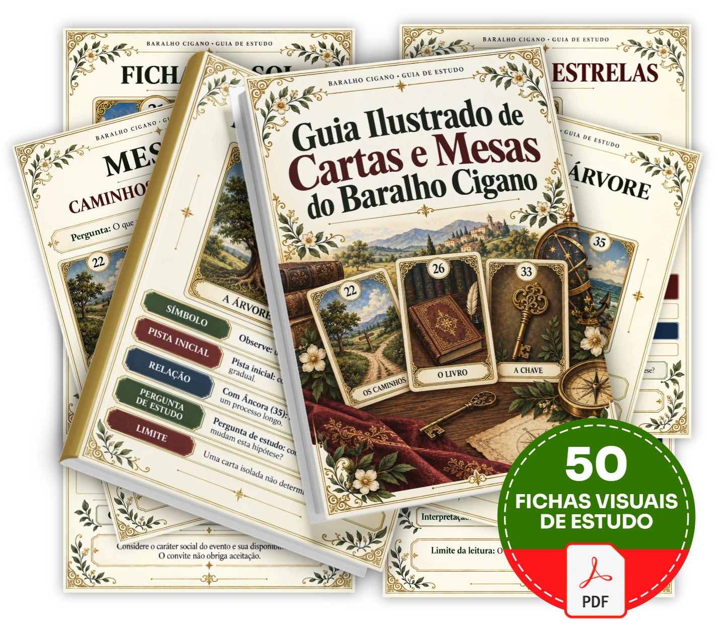 Aprenda a construir leituras do Baralho Cigano com 50 fichas visuais de estudo sobre pergunta, posição e cartas próximas.